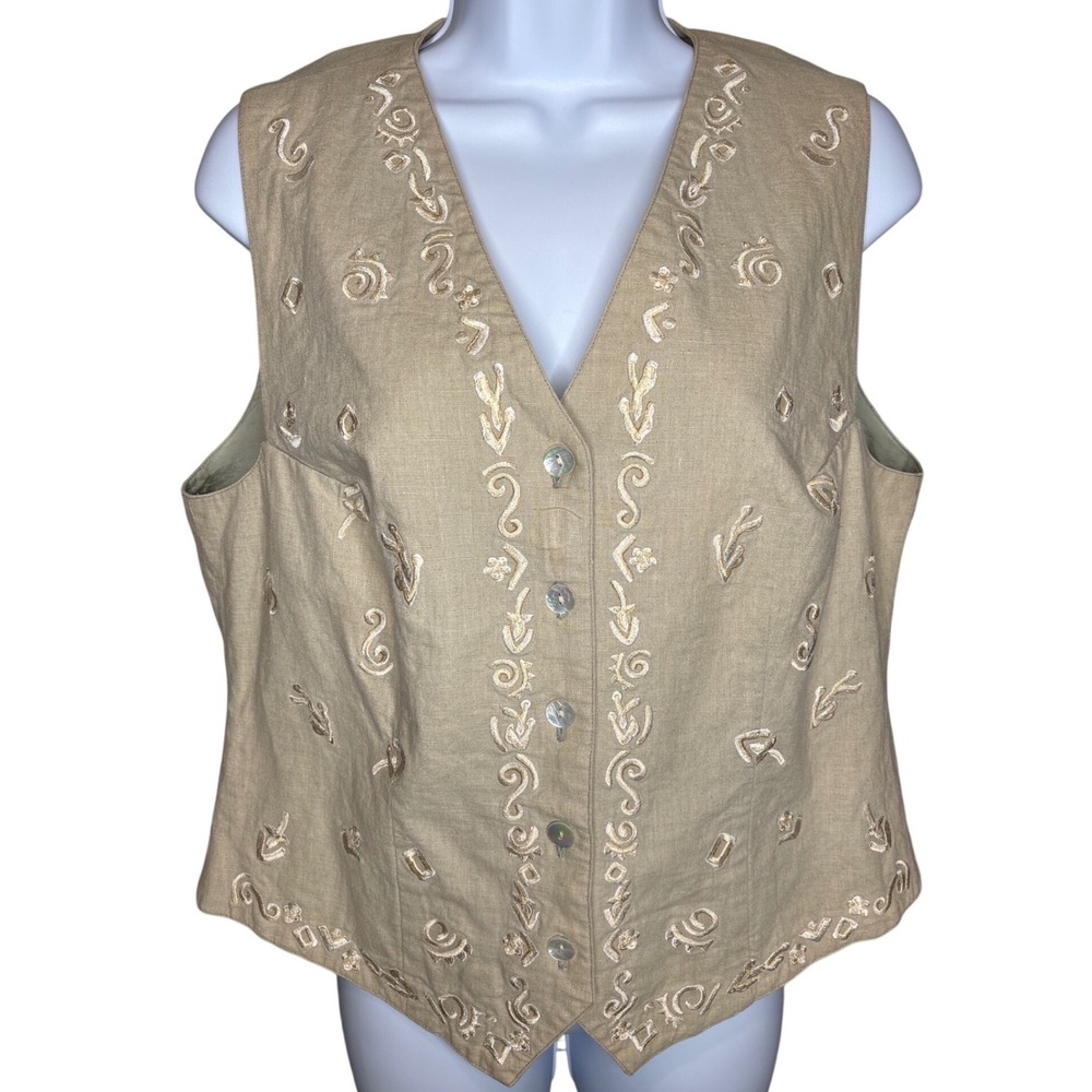 Talbots Petites Womens Tan Beige Linen Blend Embroidered Vest Sz MP Coastal Chic